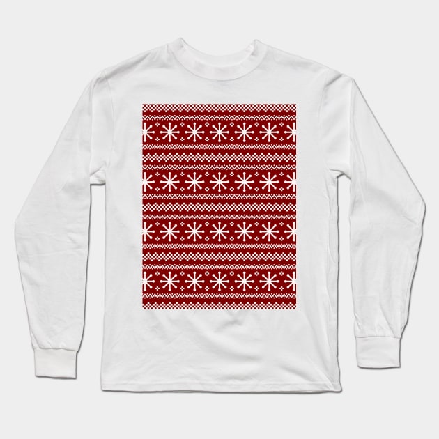 Large Dark Christmas Candy Apple Red Snowflake Stripes in White Long Sleeve T-Shirt by podartist